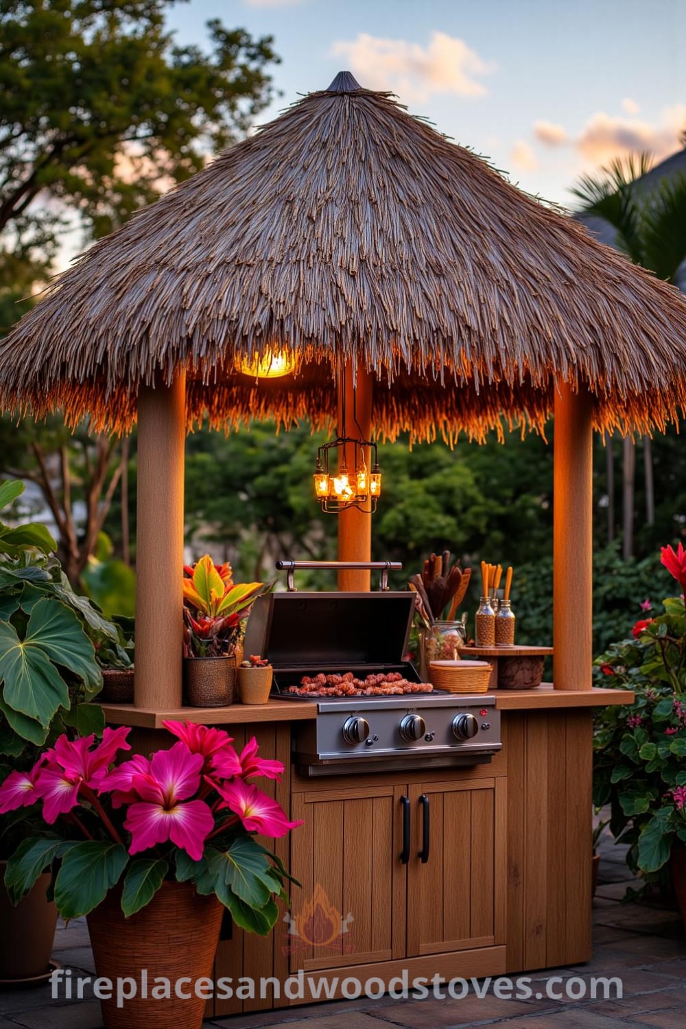 Tropical tiki outdoor barbecue with palm-thatched roof, wooden counter, and vibrant plants in a backyard setting, creating a cozy atmosphere for outdoor gatherings, perfect for design ideas and inspirations at fireplacesandwoodstoves.com.