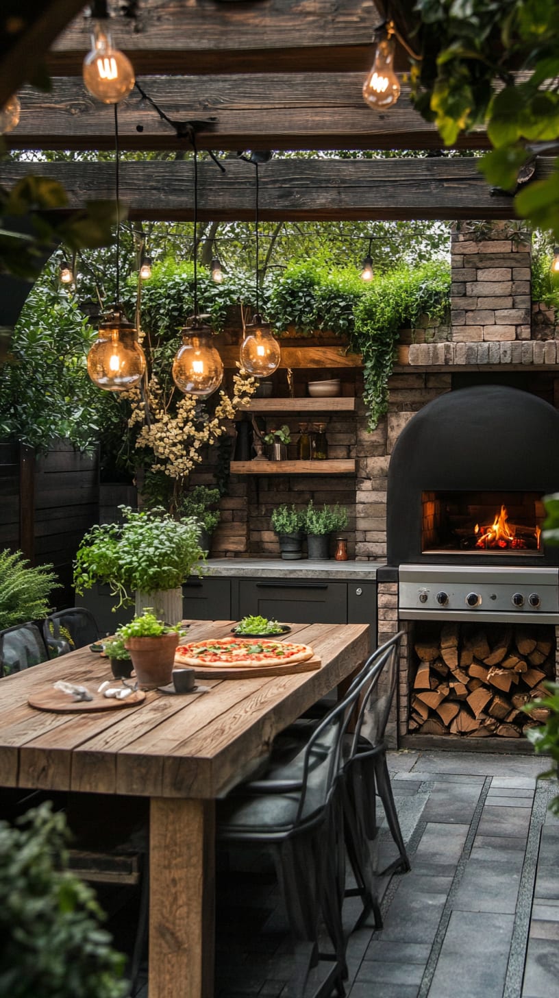 An inviting outdoor kitchen with a wood-burning pizza oven, rustic wooden dining table, and lush greenery in the background, enhanced by hanging lights for a cozy atmosphere.