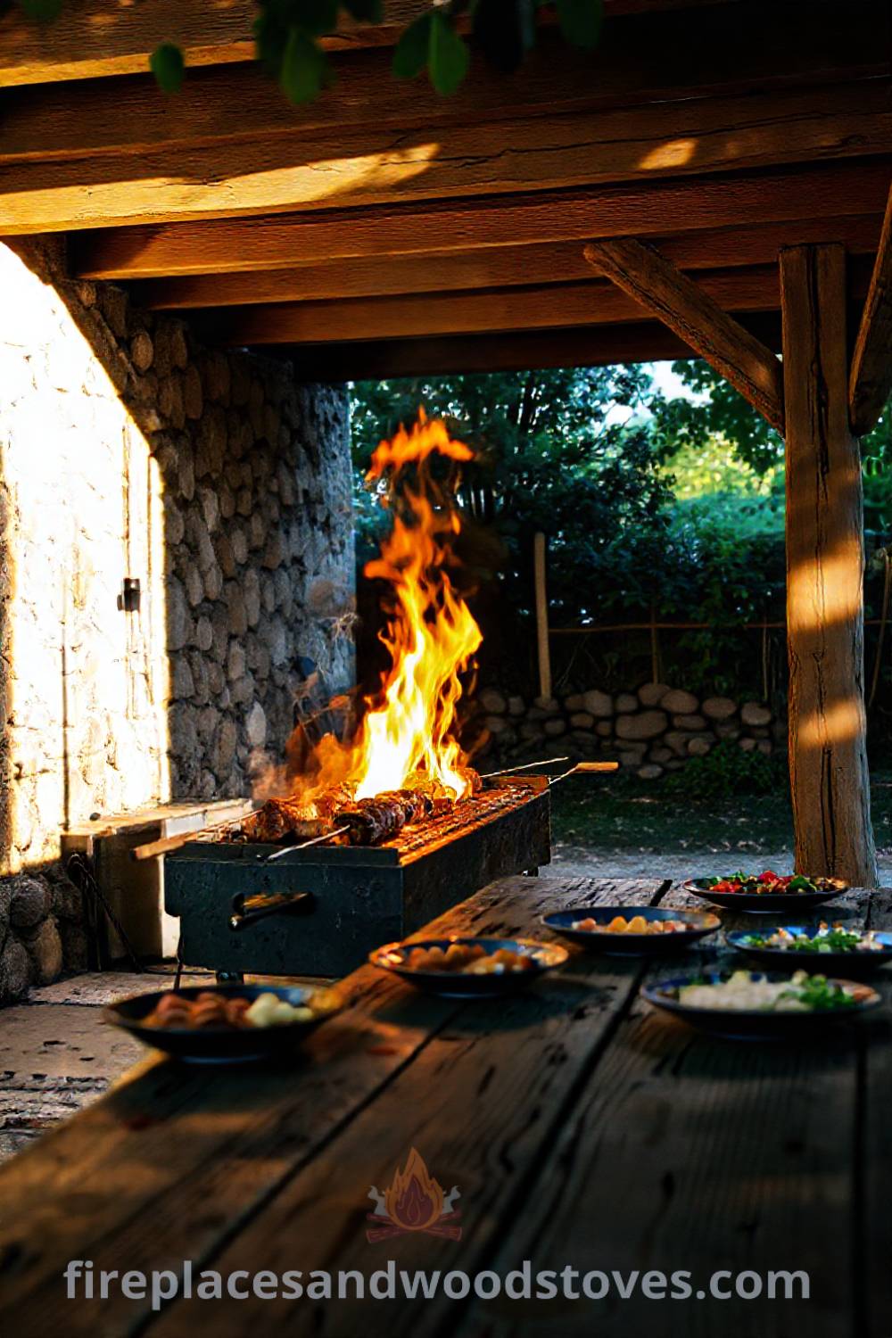 Sturdy spit BBQ under a rustic wooden pergola, with glowing flames cooking skewered meats, a weathered picnic table set with side dishes, and lush greenery in the background, creating a cozy outdoor dining atmosphere for memorable gatherings. Visit patioandhomefurniture.com for stylish outdoor design ideas you
