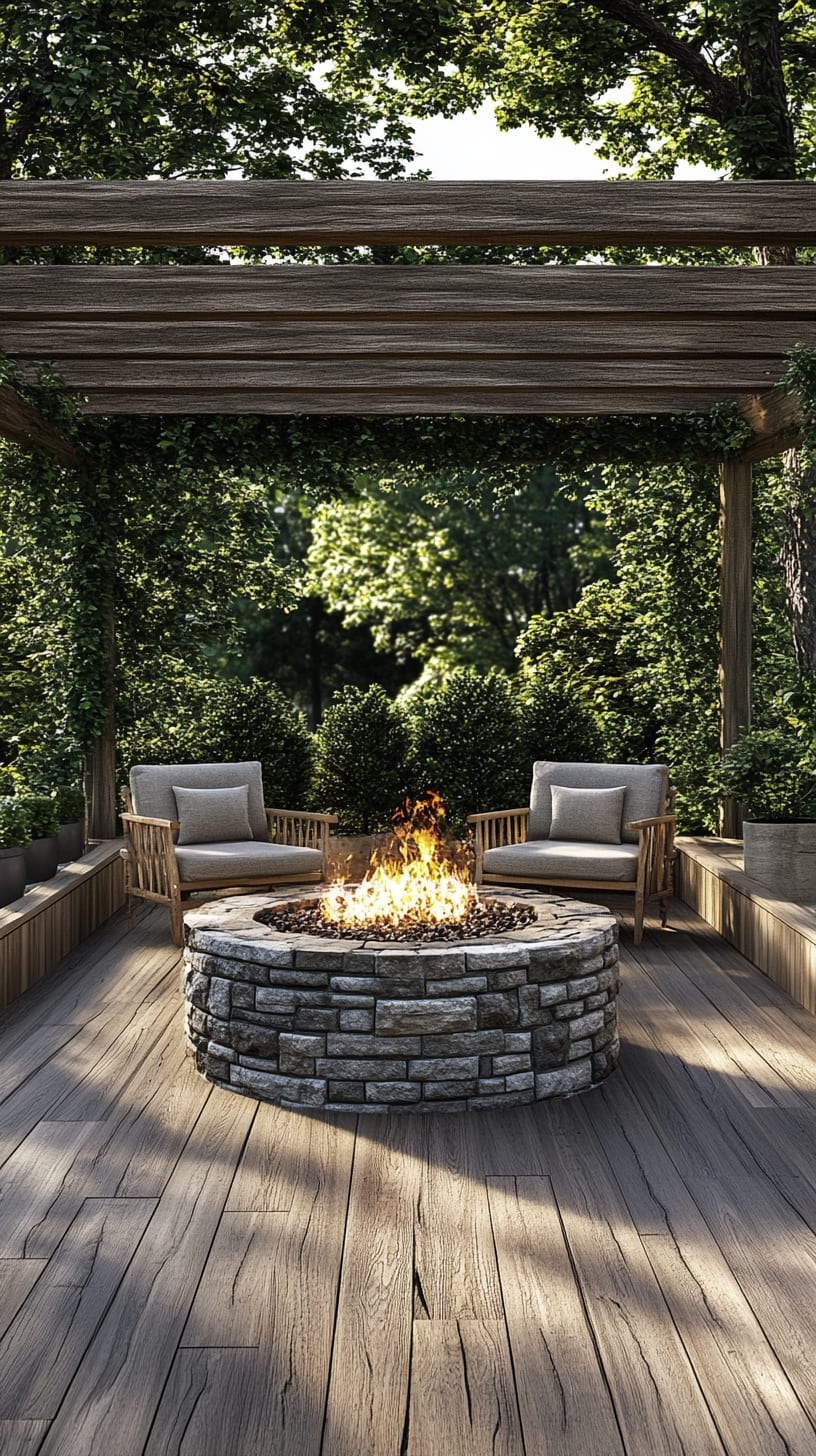 A round stone fire pit surrounded by comfortable seating and greenery on a wooden deck, creating a cozy outdoor atmosphere.
