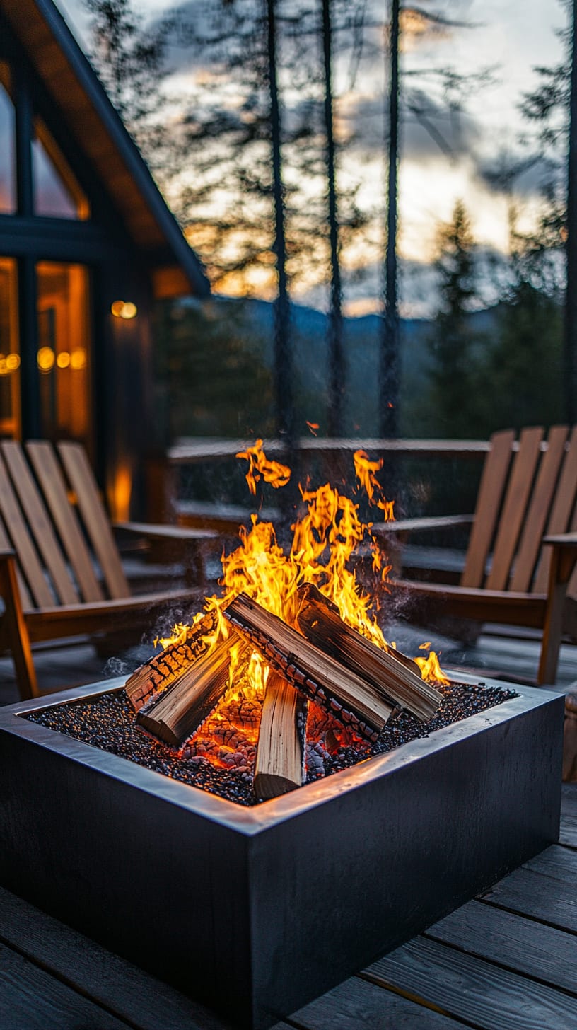 A modern outdoor fire pit surrounded by wooden Adirondack chairs on the deck of a cozy cabin, with a warm fire burning in the evening light.