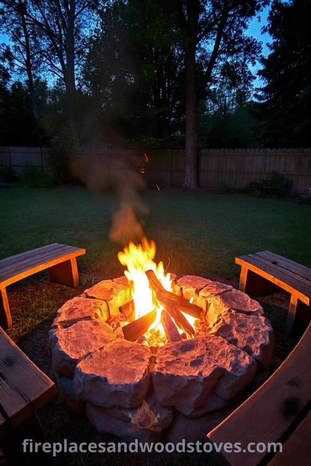 Sturdy stone fire pit in a cozy backyard setting surrounded by wooden benches, illuminated by flickering flames at twilight, creating a warm atmosphere for gatherings. Visit patioandhomefurniture.com for incredible ideas that will wow your guests.