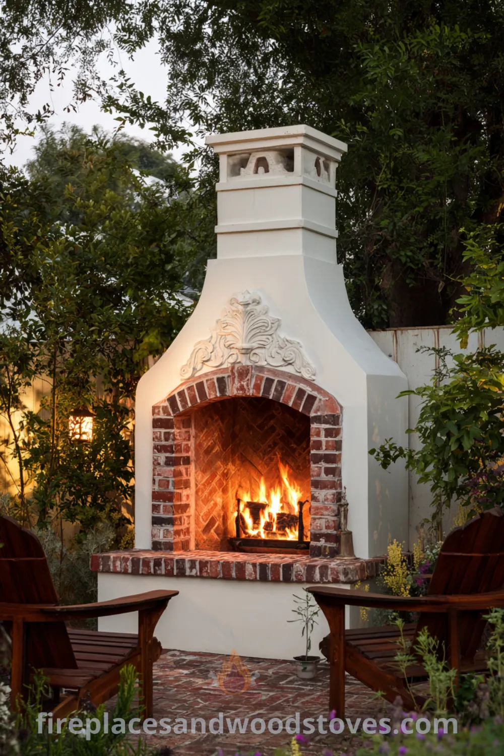 Vintage inspired outdoor fireplace surrounded by Adirondack chairs in a lush landscaped backyard, showcasing MCM design, inviting social hub, and functional outdoor fire.