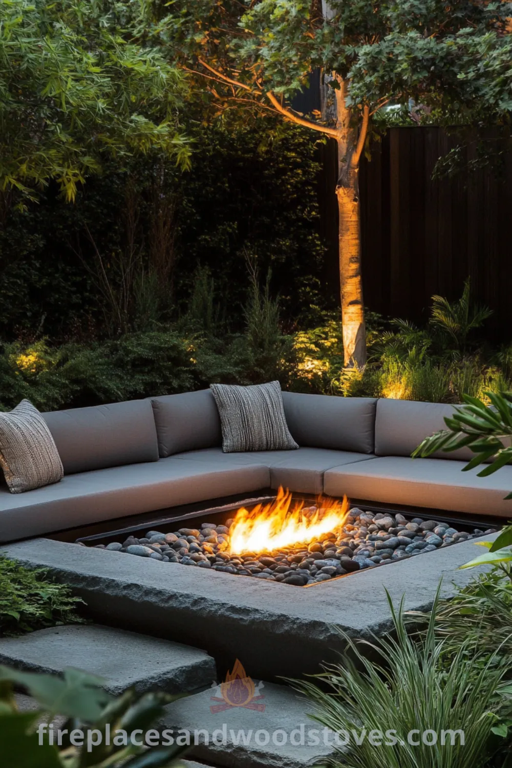 Charming fire pit oasis featuring a cozy outdoor seating area, perfect for gatherings on fireplacesandwoodstoves.com. This backyard fire pit combines stylish designs with cozy home elements, offering incredible fire pit ideas and inspiring outdoor decor designs.