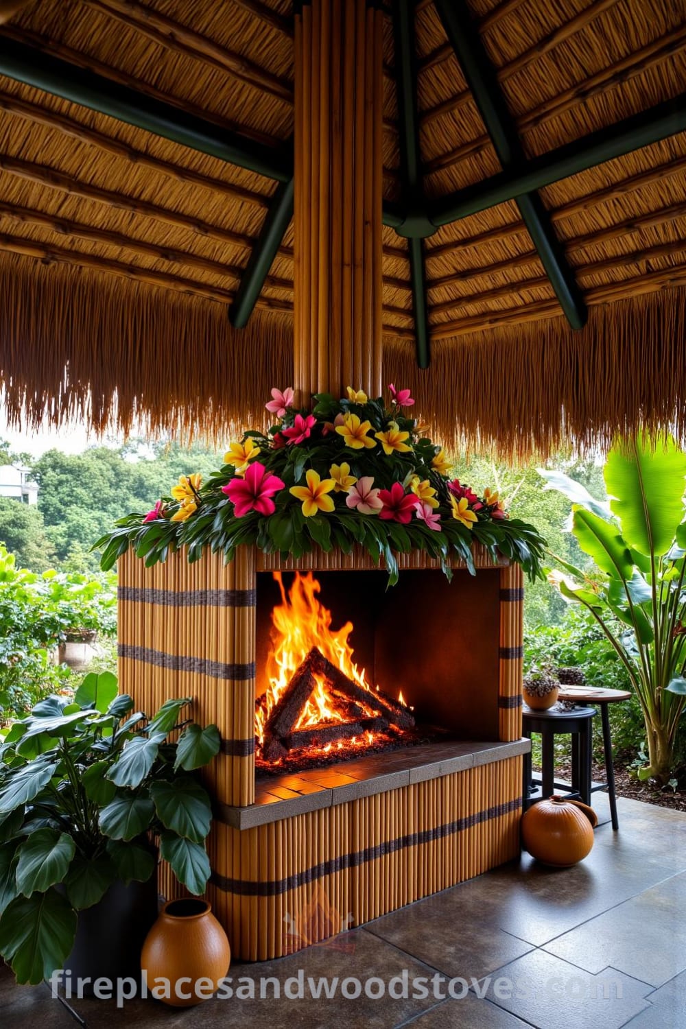 Cozy bamboo barbecue fireplace under a thatched roof surrounded by tropical flowers and foliage, flickering flames casting shadows on a stone floor, perfect for entertaining friends and enjoying grilled delicacies. Visit fireplacesandwoodstoves.com for cozy design ideas.