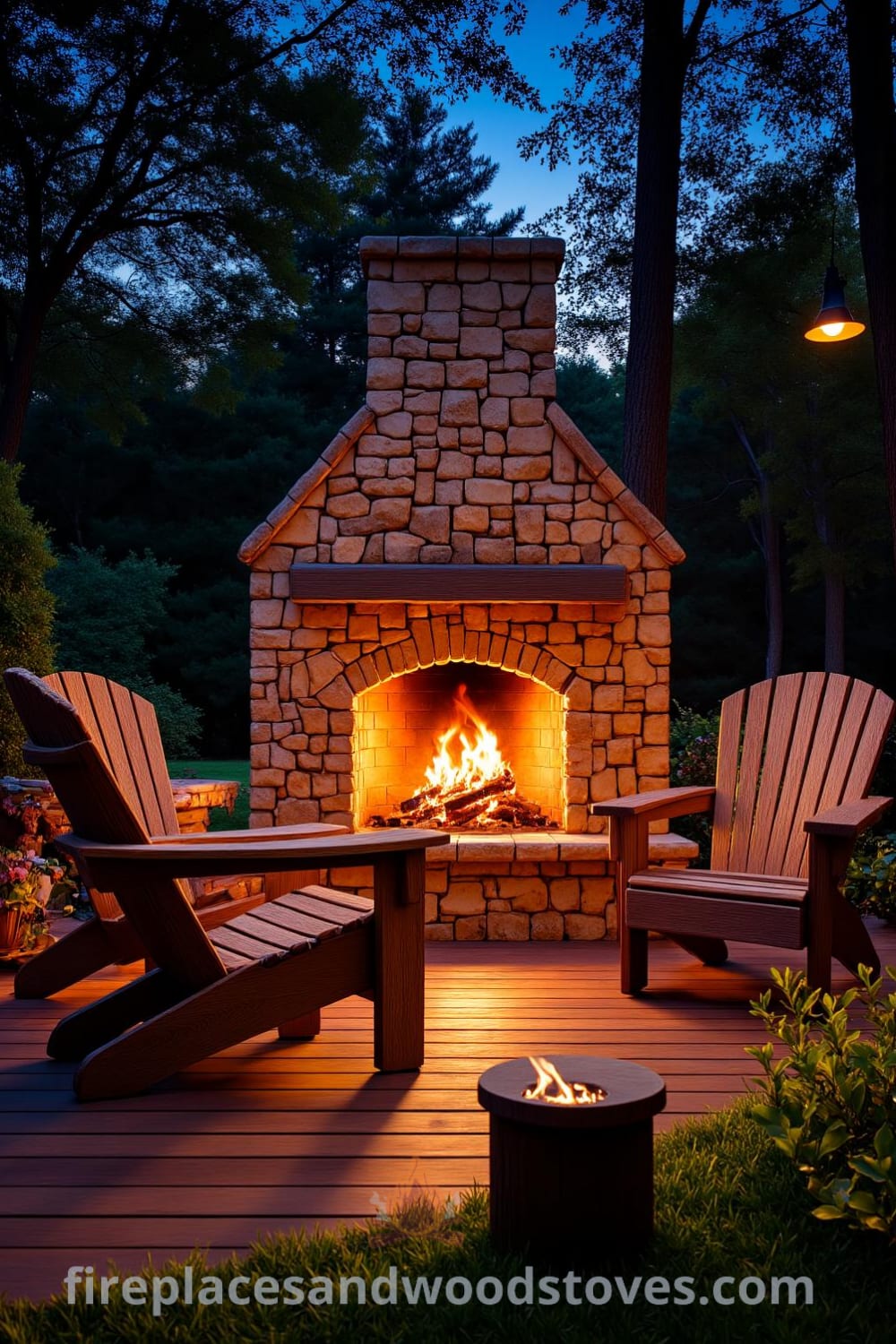 Cozy outdoor stone fireplace surrounded by weathered chairs on a secluded patio, illuminated by flickering flames and complemented by lush greenery, showcasing inviting decor ideas for a cozy home atmosphere at fireplacesandwoodstoves.com.