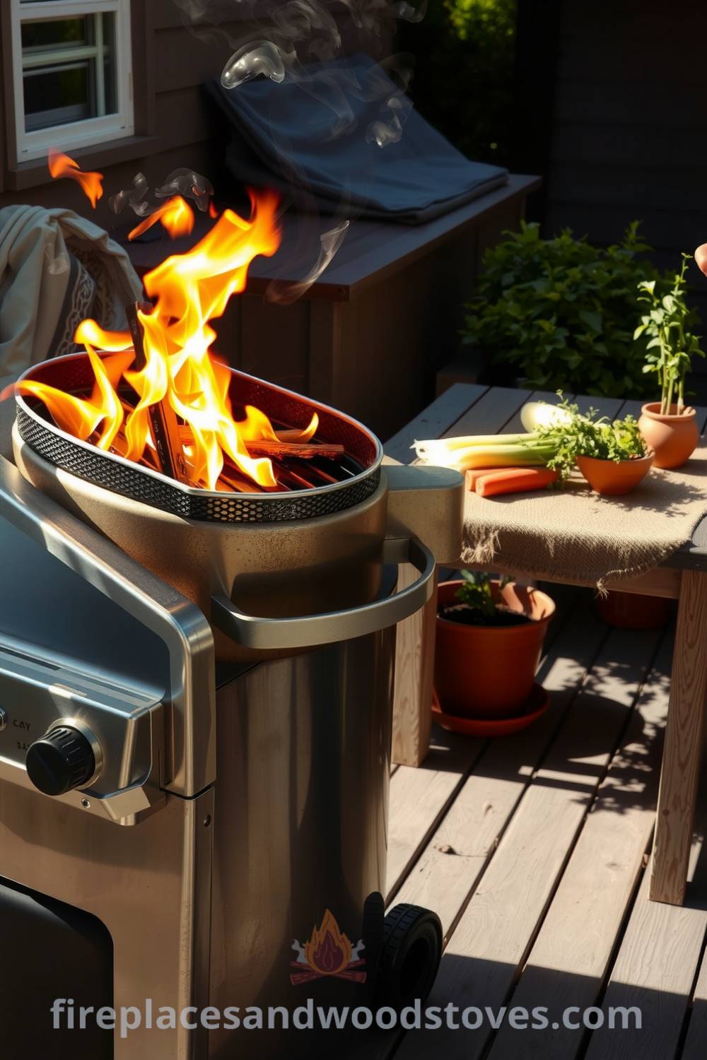 Barbecue on a sun-drenched patio with flames dancing on the grates, fresh ingredients on an outdoor table, and terracotta herb pots, showcasing cozy decor ideas for outdoor spaces at fireplacesandwoodstoves.com.