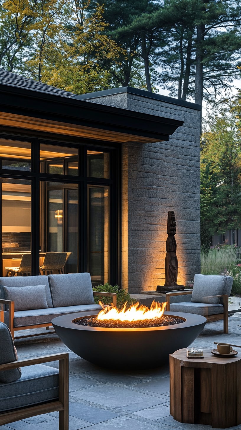 A sleek fire pit at the center of an outdoor patio, surrounded by comfortable seating, a dark gray brick house with large windows, and a wooden statue nearby.