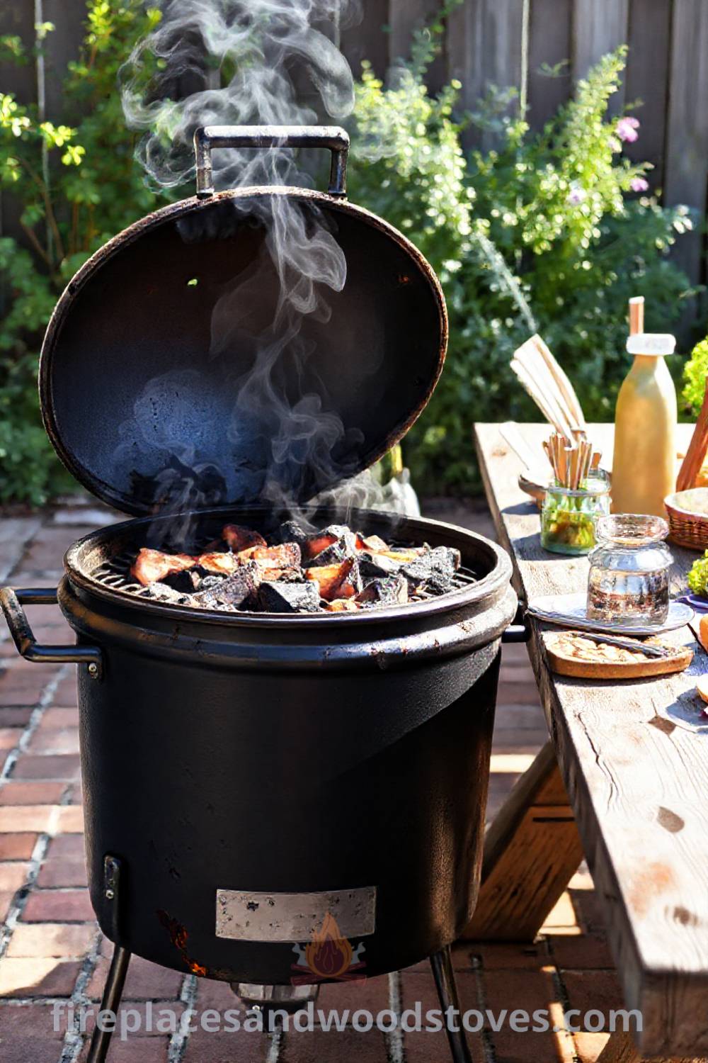 Outdoor charcoal grill barbecue on a brick patio with glowing coals and a wooden table filled with picnic essentials, creating a cozy gathering spot for summer cookouts, perfect for ideas that will wow your guests. Visit patioandhomefurniture.com for inspiring outdoor designs.