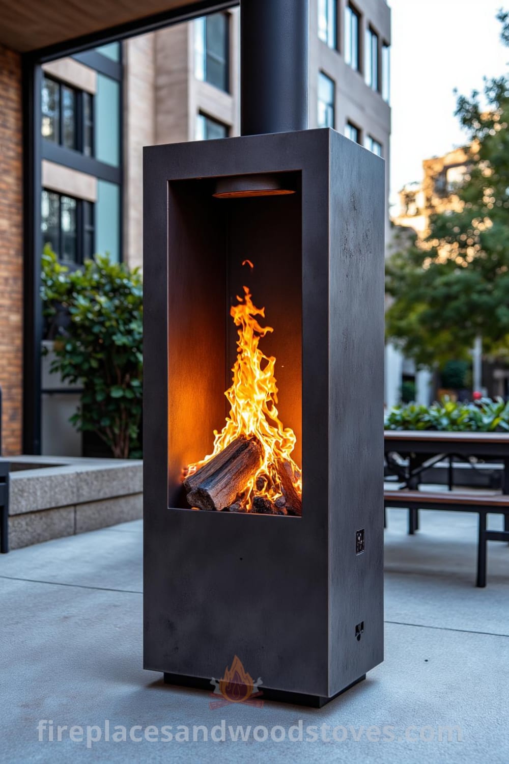 Industrial steel outdoor fireplace on a concrete patio with flickering flames, surrounded by metal stools and an inviting ambiance, showcasing cozy ideas for design inspirations at fireplacesandwoodstoves.com.