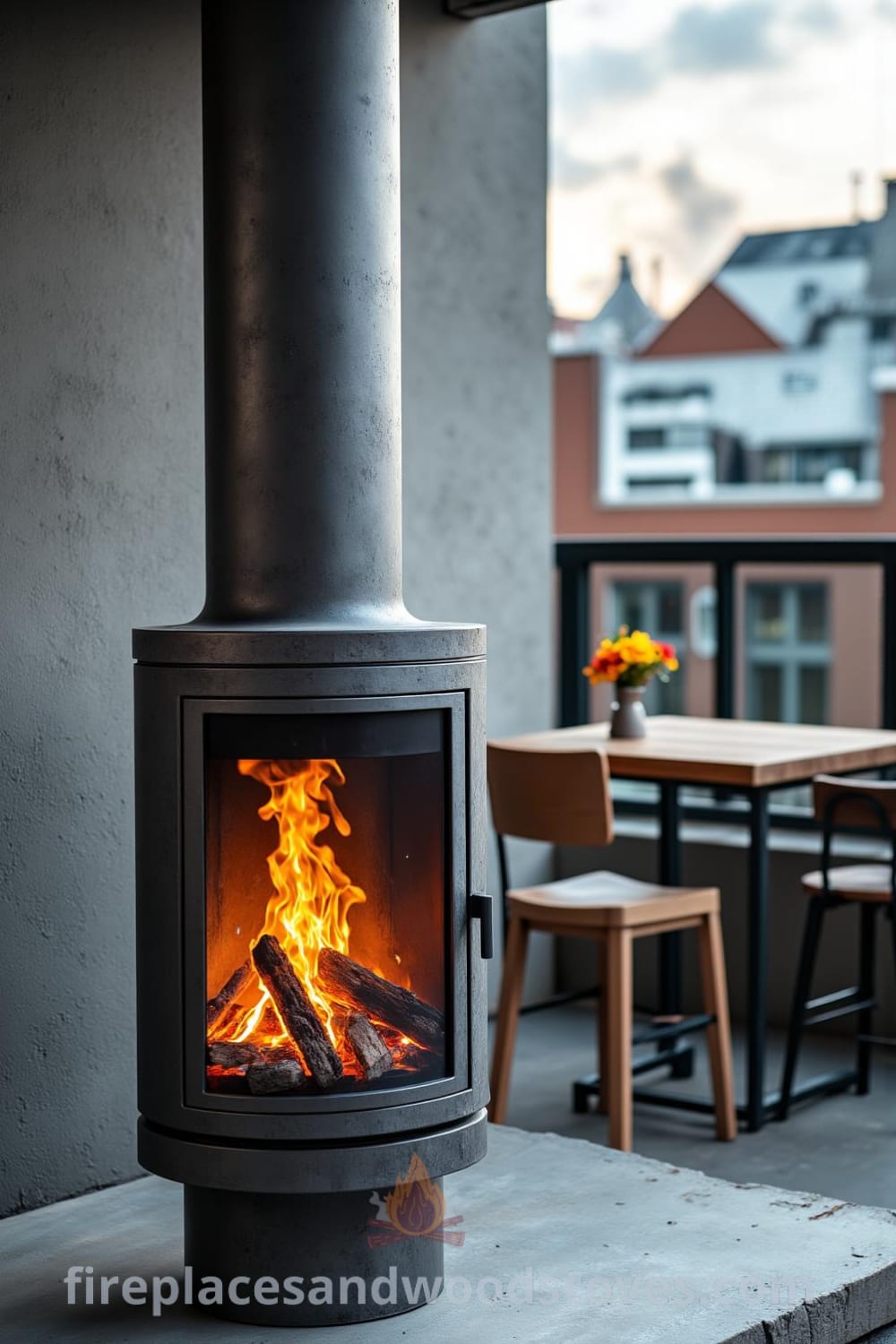 Industrial steel fireplace on a minimalist urban balcony with warm, flickering flames illuminating concrete walls, surrounded by a weathered wooden table and mismatched chairs, creating a cozy home atmosphere. Visit fireplacesandwoodstoves.com for unique decor ideas and inspirations.