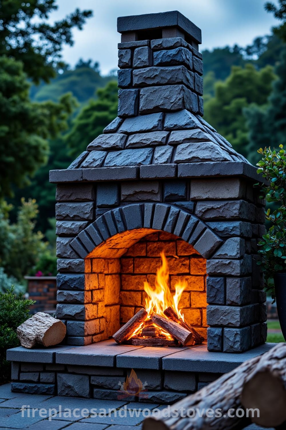 A rustic stone outdoor fireplace surrounded by lush greenery in a sprawling backyard, flames flickering warmly in the hearth, creating a cozy atmosphere with weathered wooden log seats nearby, providing inviting decor ideas for your home at fireplacesandwoodstoves.com.