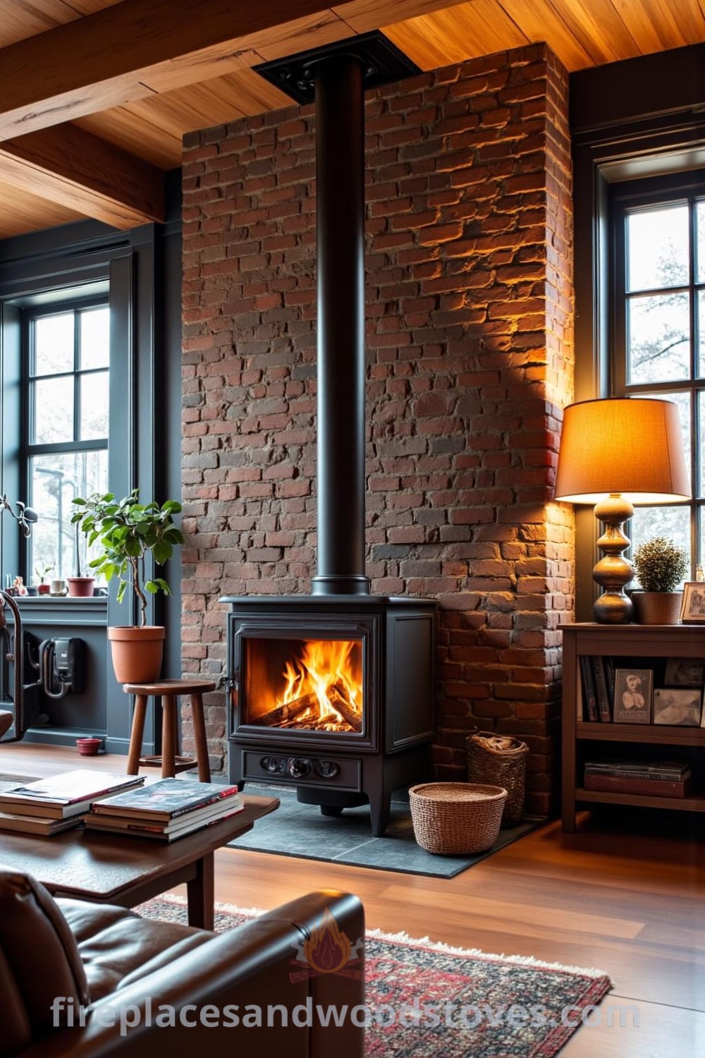 Industrial metal woodstove fireplace in a spacious urban loft setting, contrasting with warm flames and uneven brick walls, surrounded by a cozy leather couch and an eclectic coffee table filled with art books, providing unique decor ideas and cozy inspirations for your home at fireplacesandwoodstoves.com.