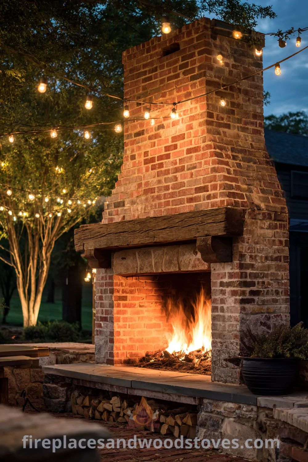 A rustic farmhouse outdoor fireplace with reclaimed wood mantel, bluestone patio, and warm string lights creates a cozy gathering area.