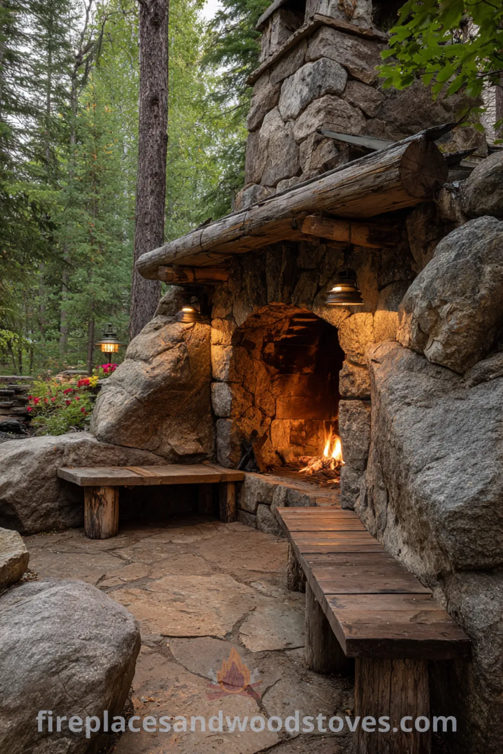 Rustic outdoor fireplace with natural stone, reclaimed wood, and warm fire glow in a serene forest setting, creating a cozy outdoor space.