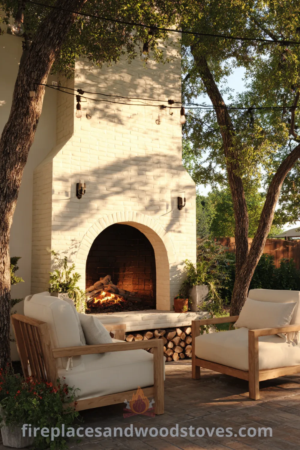 Elegant cream brick farmhouse outdoor fireplace with cozy armchairs, lush greenery, and twinkling string lights creating a warm glow.