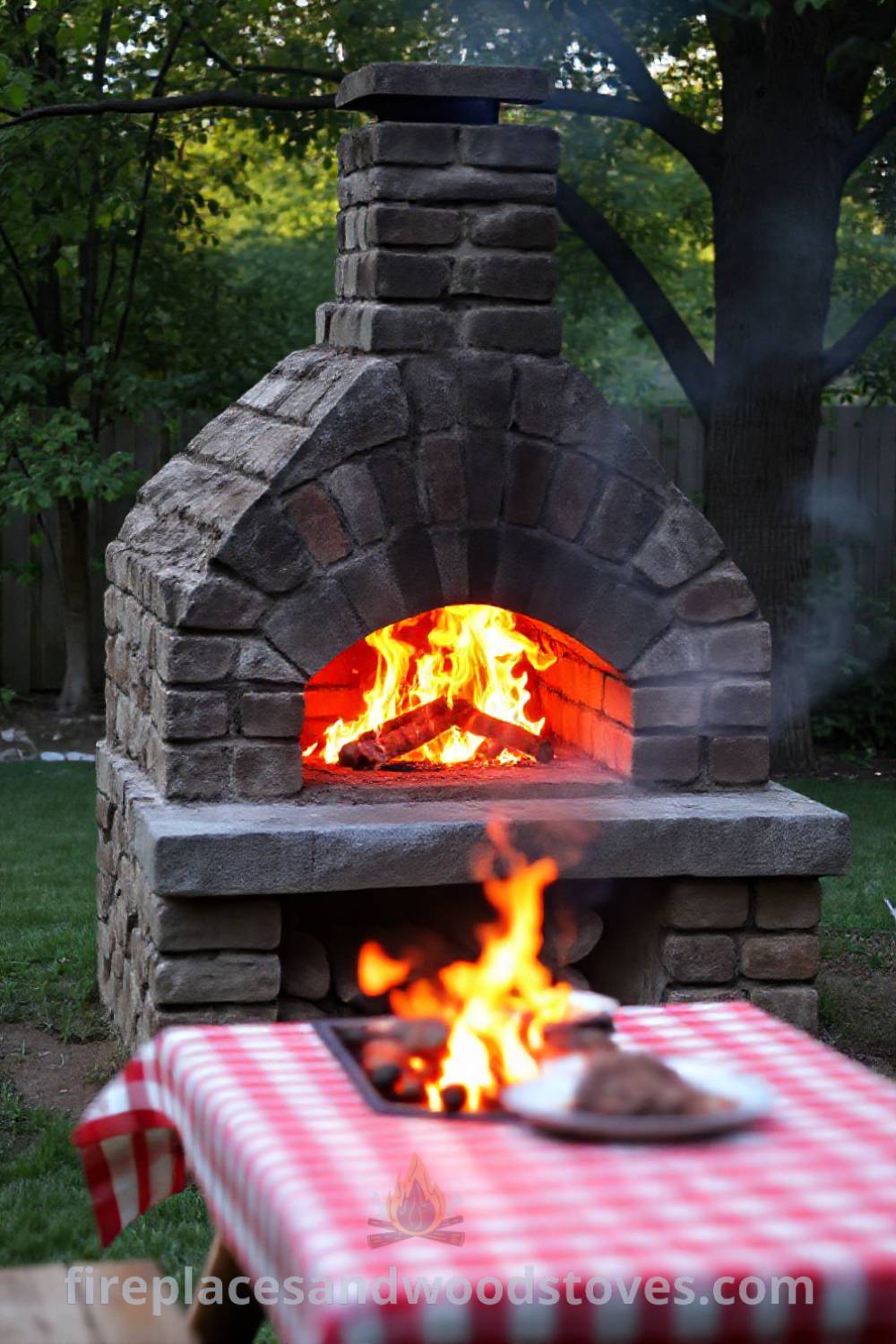 Sturdy stone BBQ oven in a backyard with flames crackling inside, casting warm light on a picnic table adorned with a checkered tablecloth and plates, creating a cozy atmosphere for gatherings, perfect for inspiring incredible outdoor design ideas at patioandhomefurniture.com.