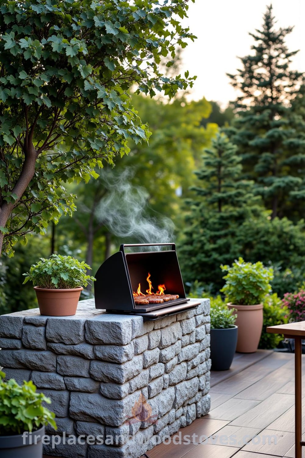Scandinavian minimalist outdoor barbecue on a wooden deck surrounded by greenery, featuring a sleek metal grill with flames, rustic stone base, potted herbs, and an old wooden table, offering cozy ideas for outdoor gatherings and decor inspirations at fireplacesandwoodstoves.com.