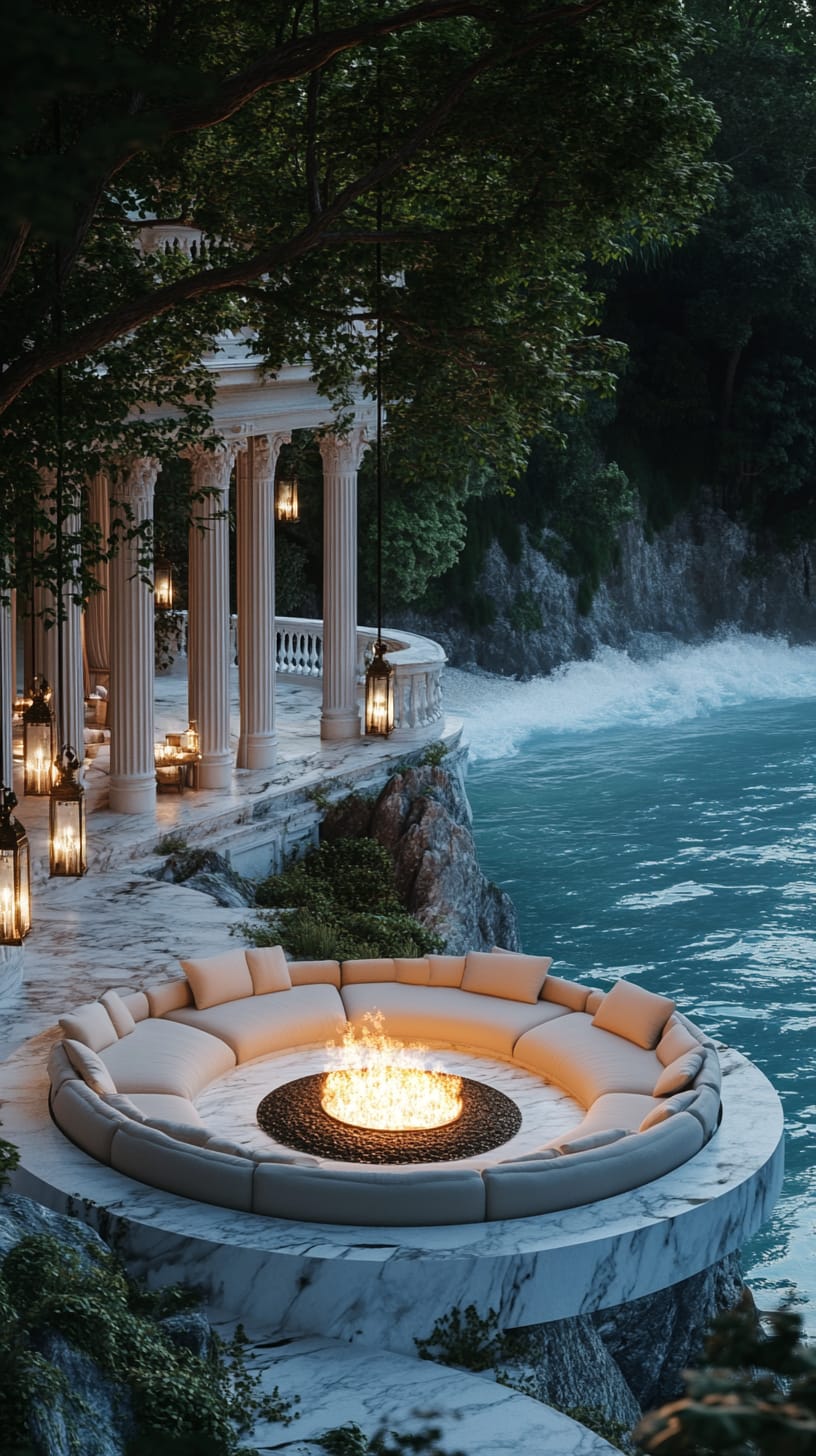 A luxurious outdoor seating area featuring a round marble fire pit surrounded by comfortable seating, Greek columns, and lanterns, overlooking the ocean.