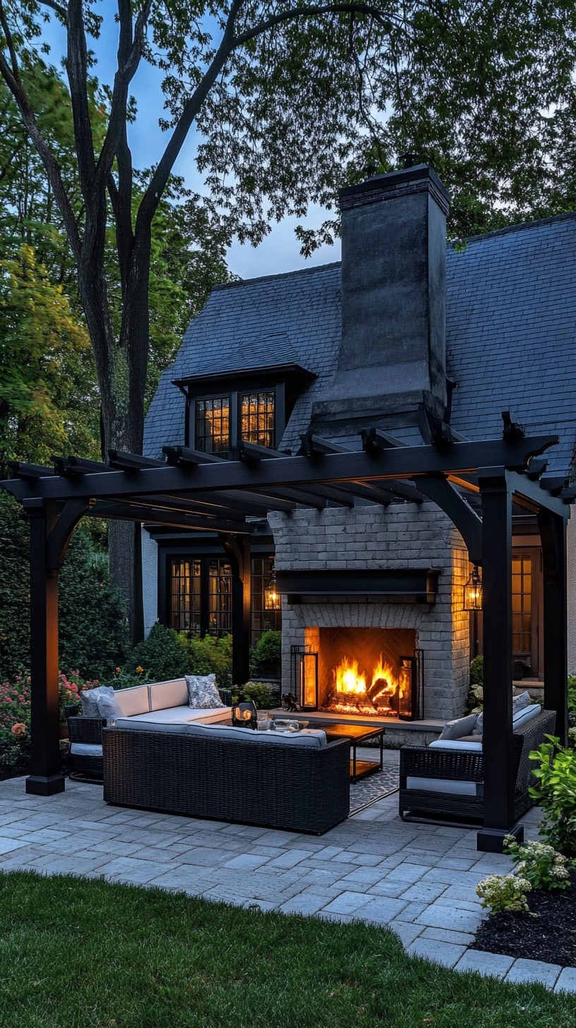An outdoor fireplace surrounded by comfortable seating and lush greenery, set in a cozy backyard atmosphere during dusk.