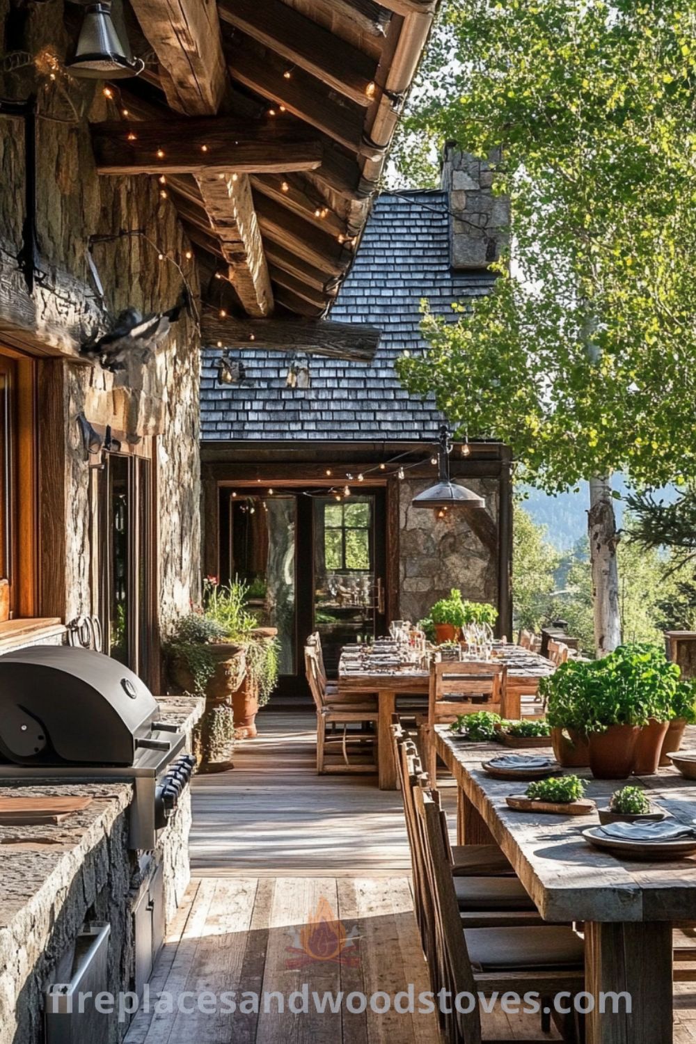 Outdoor kitchen with grill station on fireplacesandwoodstoves.com, showcasing a cozy patio design, ideal for outdoor cooking, dining, and rustic kitchen decor ideas.