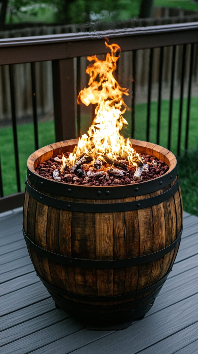 A whiskey barrel fire pit on an outdoor deck surrounded by red river rocks and glowing embers, with flames rising from the center, creating a warm and inviting atmosphere.