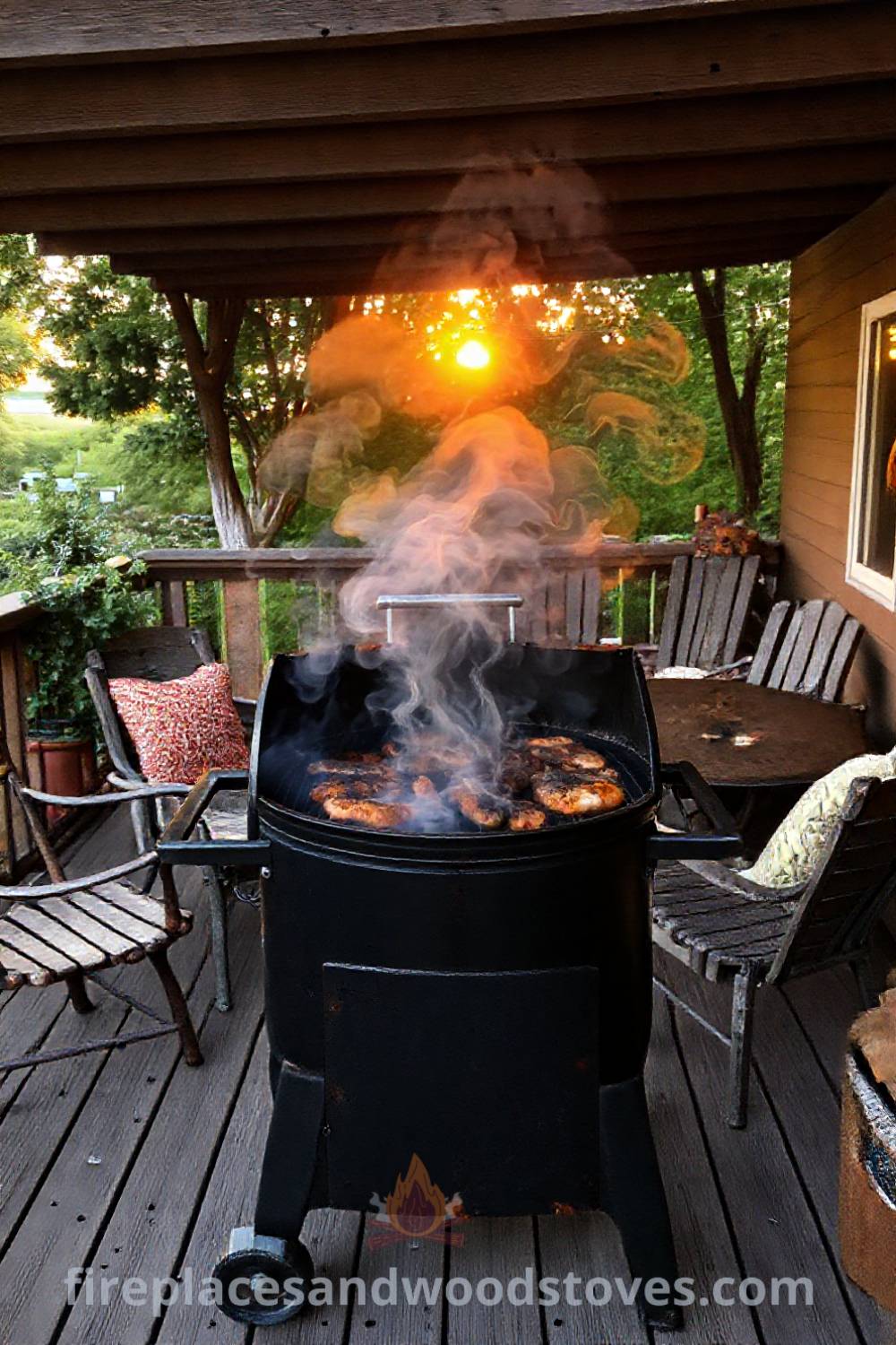A robust barbecue smoker on a wooden deck reveals sizzling meats amidst curling smoke, surrounded by mismatched outdoor furniture, creating a cozy gathering spot for entertaining under a golden sunset. Visit patioandhomefurniture.com for stylish ideas transforming your backyard.