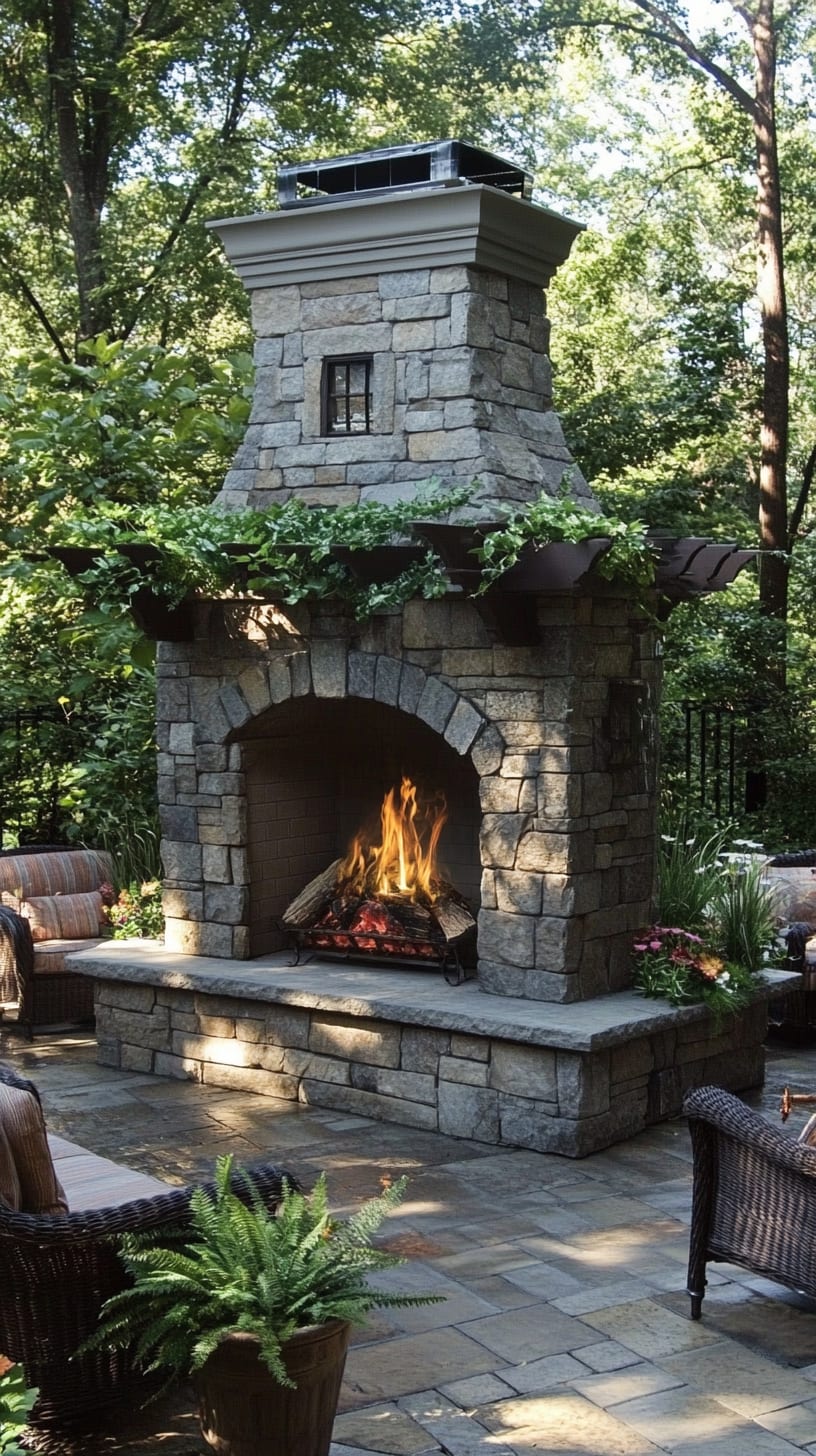 A stone outdoor fireplace with an arched top, surrounded by greenery and comfortable seating, creating a cozy atmosphere in an inviting backyard.