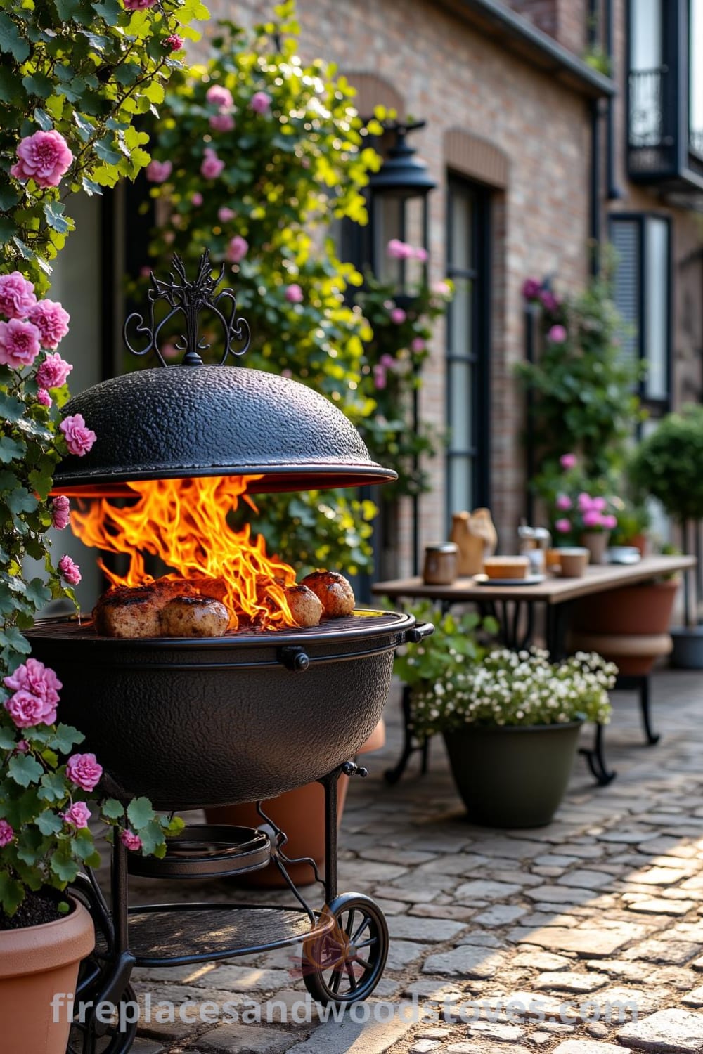 Victorian wrought iron outdoor barbecue on a cobblestone patio with a flickering wood fire, surrounded by potted flowers and a weathered wooden table, creating a cozy atmosphere for gatherings and meals at fireplacesandwoodstoves.com.