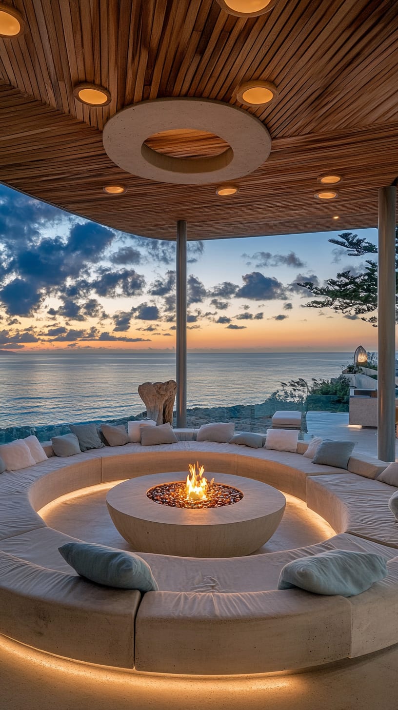 A luxurious beach house interior featuring a circular sunken seating area with a fire pit, large windows overlooking the ocean at sunset, and a wooden ceiling.