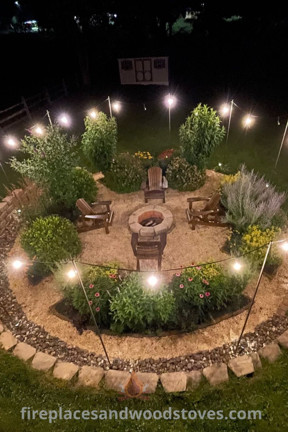 An outdoor fire pit surrounded by landscaping lights, creating a cozy backyard atmosphere perfect for gatherings. Explore creative fire pit garden design and stylish ideas for the coziest home at patioandhomefurniture.com.