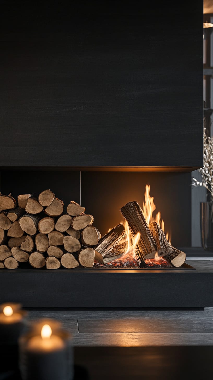 A modern fireplace with burning firewood, black walls, and a minimalist decor style, illuminated by soft candlelight, creating a warm and inviting atmosphere.