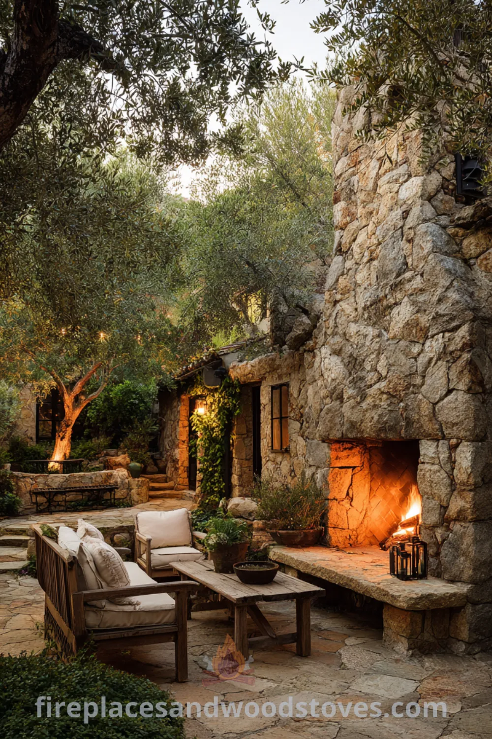 Outdoor fireplace with rough-hewn stone design, rustic outdoor furniture, and olive trees creating a cozy ambiance.