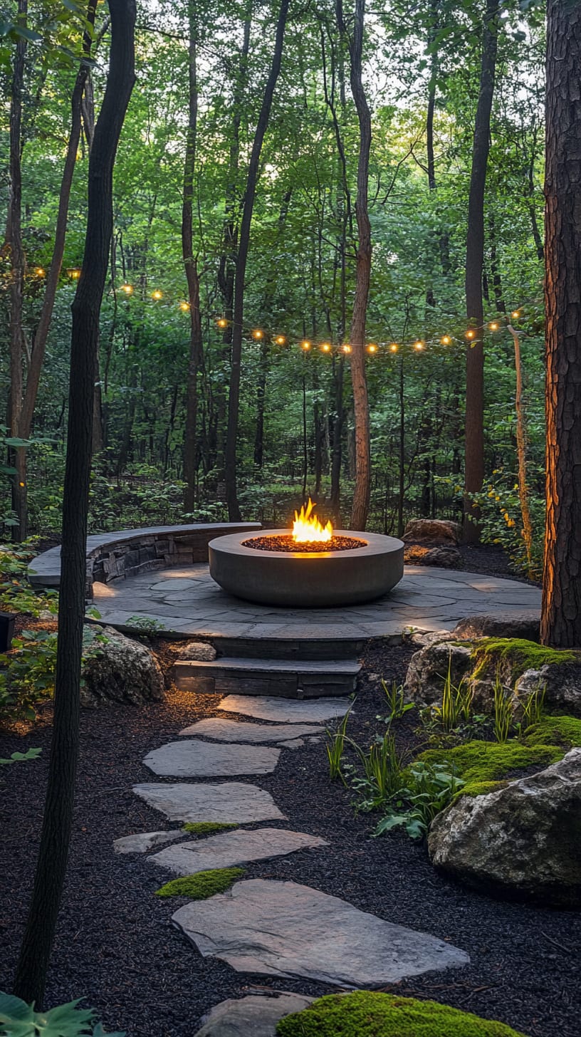 A cozy outdoor fire pit surrounded by greenery, featuring a circular stone path and fairy lights strung above, creating a warm and inviting atmosphere.