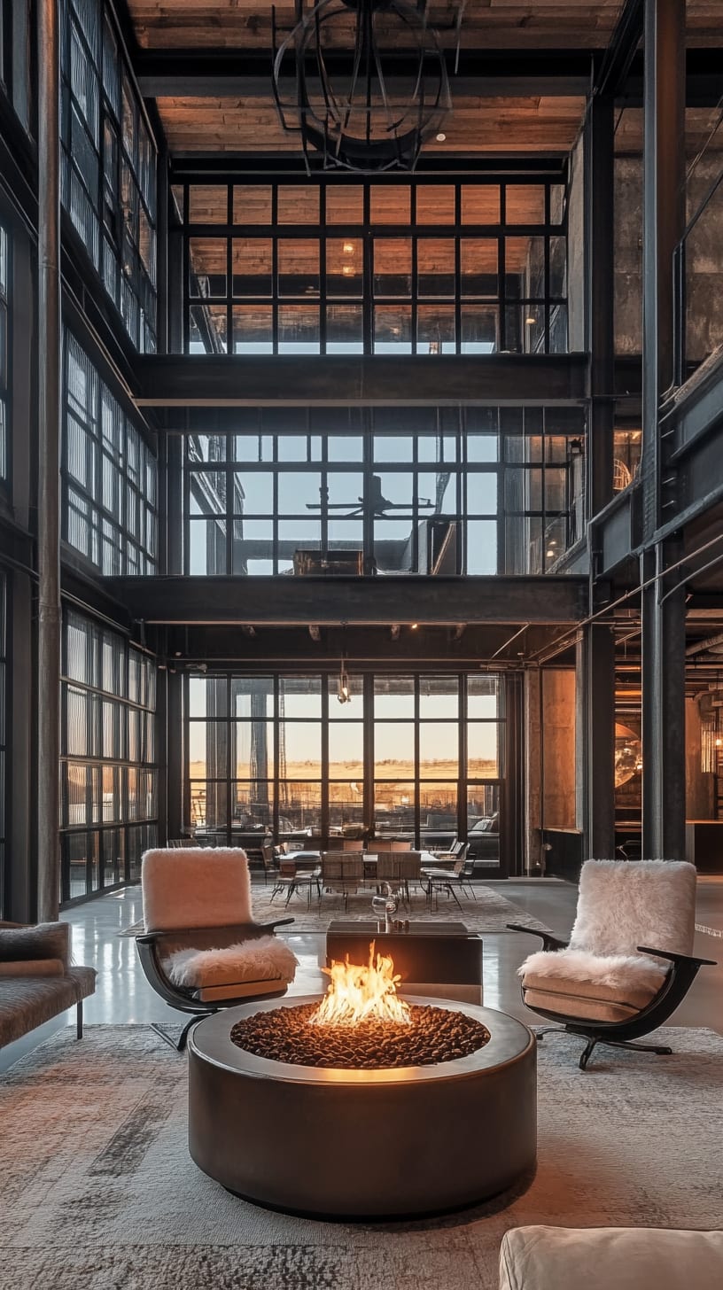 A luxurious modern industrial hotel lobby with floor-to-ceiling windows, a fireplace, steel beams, and seating around a fire pit, bathed in warm lighting during sunset.
