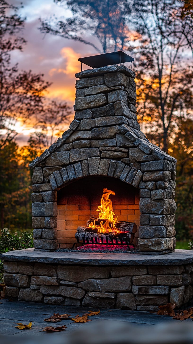 A cozy outdoor fireplace with a stone chimney and burning flames, set against an autumn sunset in New England, creating a warm and inviting ambiance.
