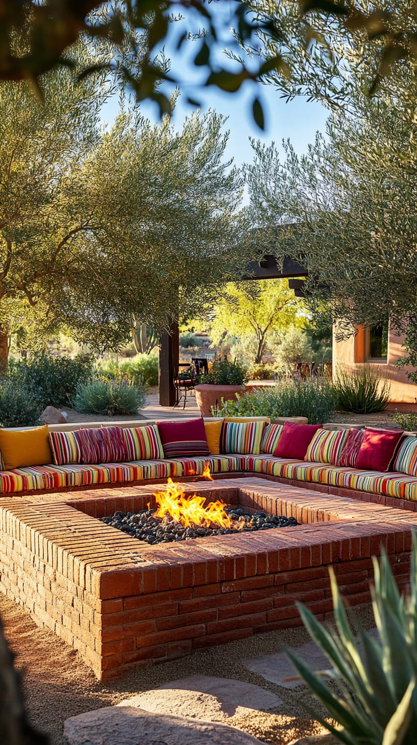 A cozy outdoor seating area with colorful striped cushions, a built-in brick fire pit, and surrounded by olive trees in the Arizona desert.