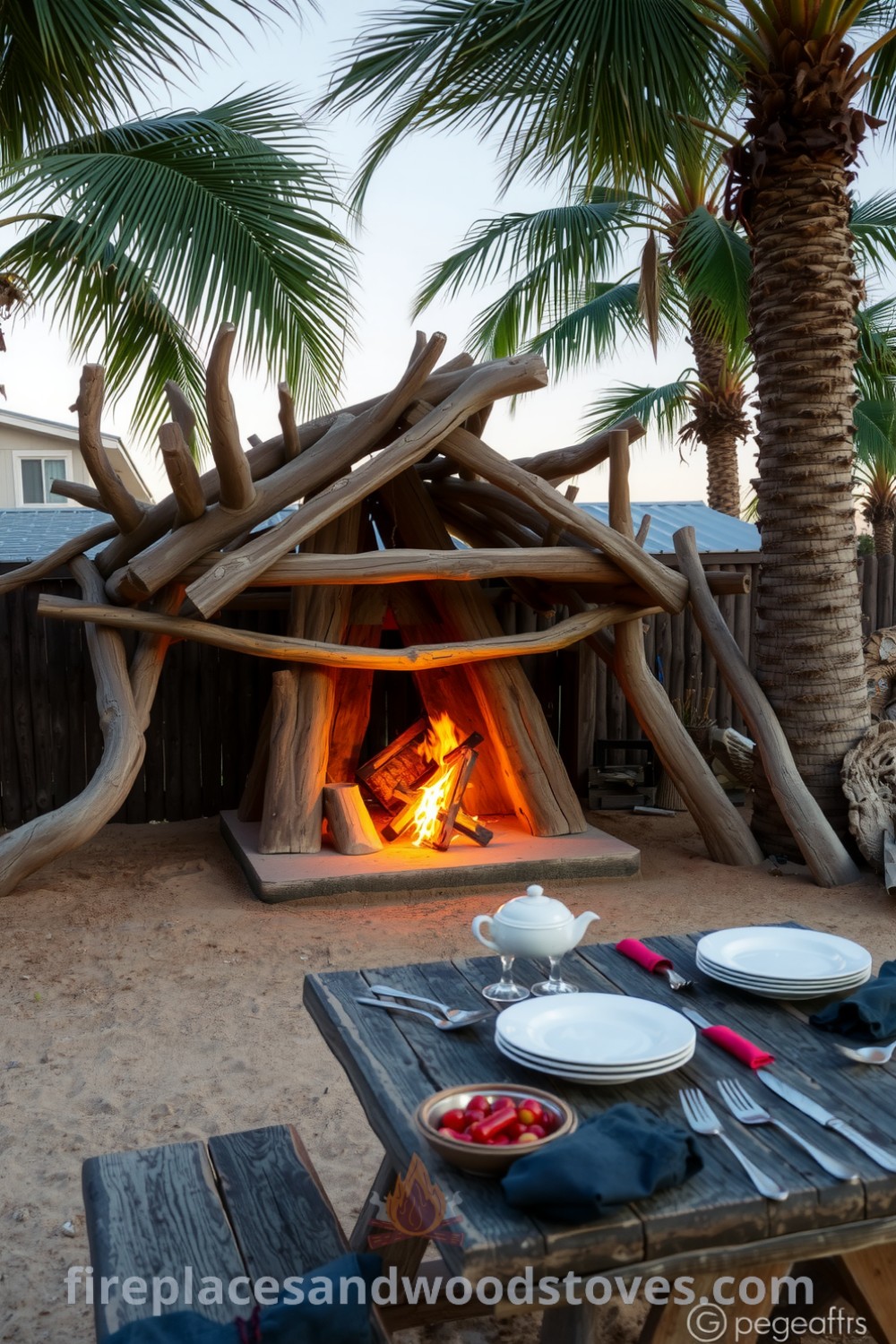 Rustic outdoor barbecue framed by sun-bleached driftwood and palm trees, with crackling flames illuminating the sand, alongside a sturdy picnic table decorated with vibrant plates and utensils, embodying cozy home decor ideas for inviting coastal gatherings, inspired by fireplacesandwoodstoves.com.