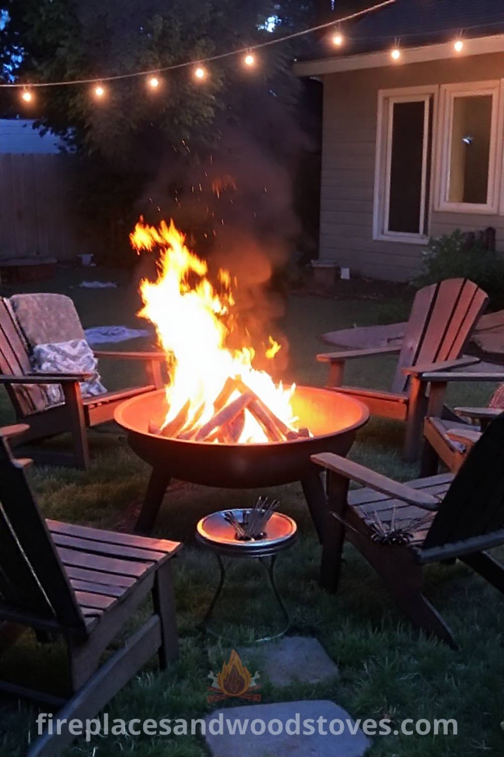 Durable metal fire pit in a cozy backyard patio surrounded by mismatched wooden chairs and blankets, creating an inviting atmosphere for outdoor gatherings. Visit patioandhomefurniture.com for stylish ideas that will wow your guests.