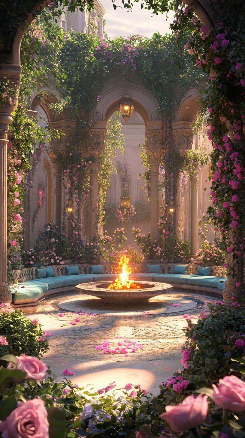 A romantic garden with pink roses, green vines, and blue seating surrounding an ornate fire pit, illuminated by warm, golden sunlight.