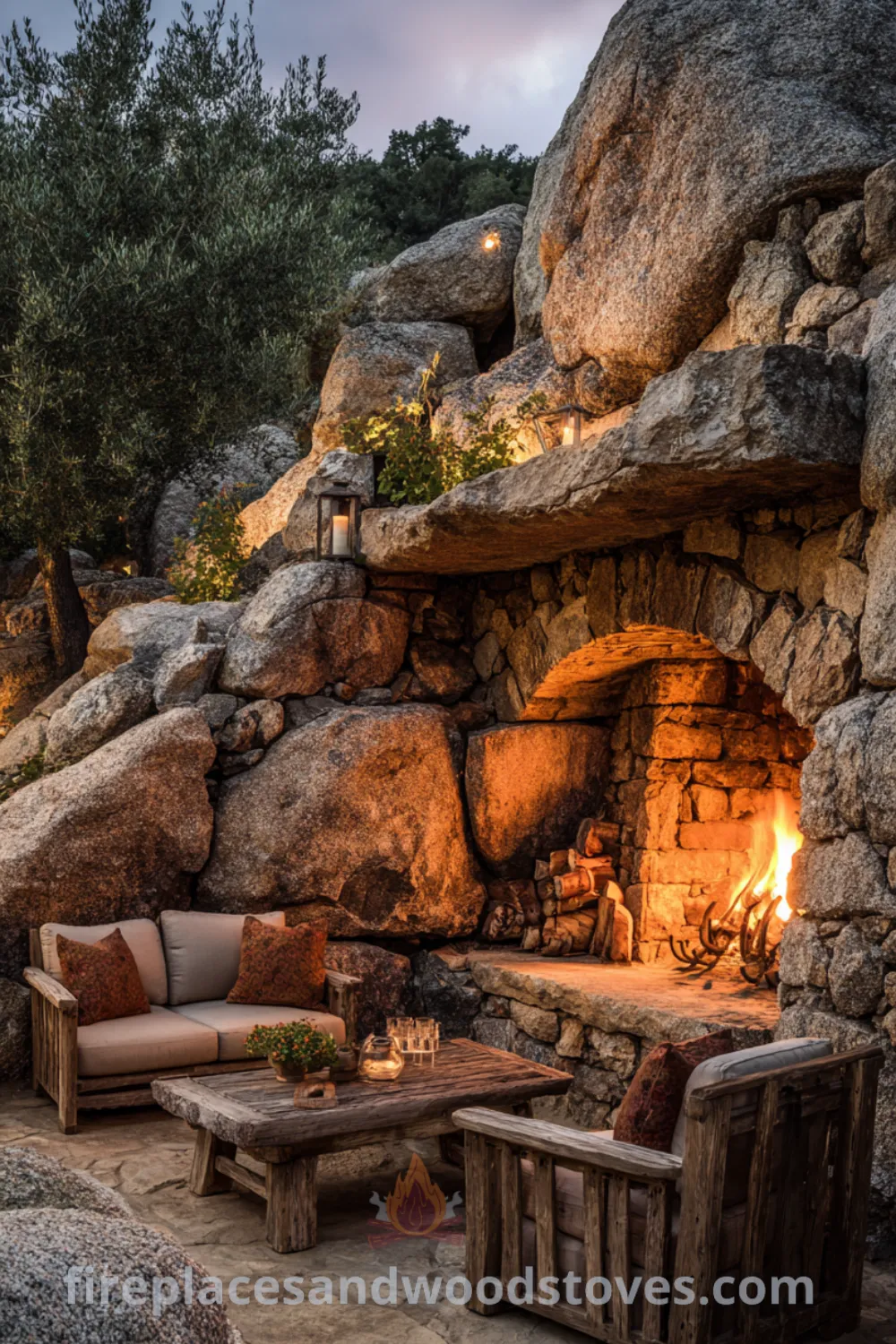 Rustic outdoor fireplace with crackling flames, surrounded by olive trees, showcasing charming mediterranean fireplace and large open hearth outdoor elements.