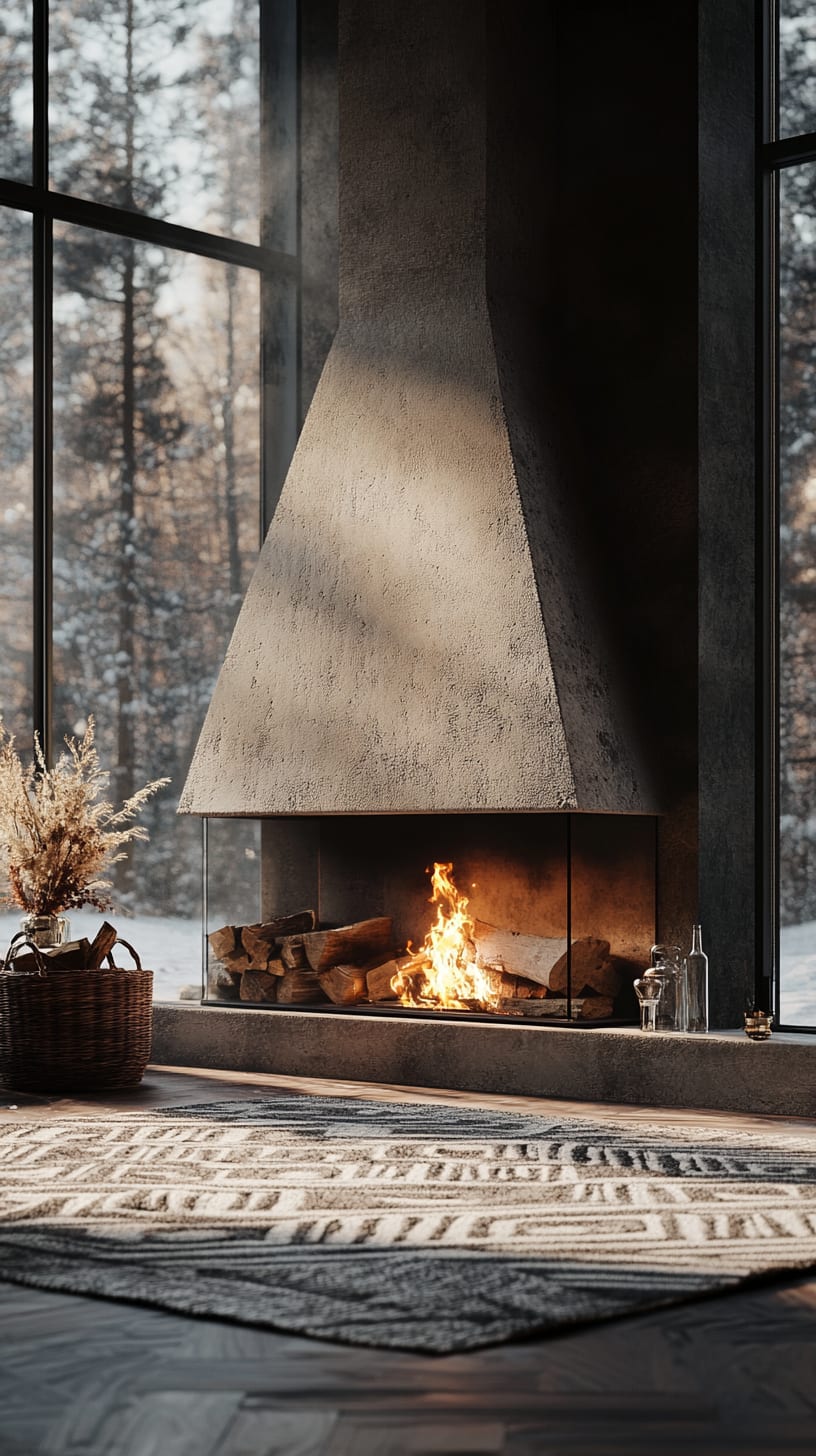 A cozy interior featuring a large fireplace with a warm fire, surrounded by minimalistic decor and a view of a snowy forest.