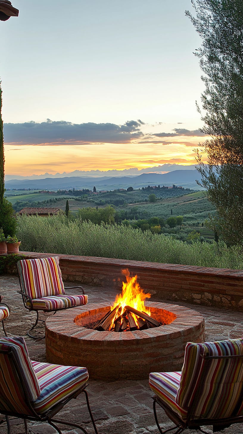 A rustic stone fire pit with striped chairs, overlooking the rolling hills of Tuscany at sunset, creating a warm and inviting atmosphere.