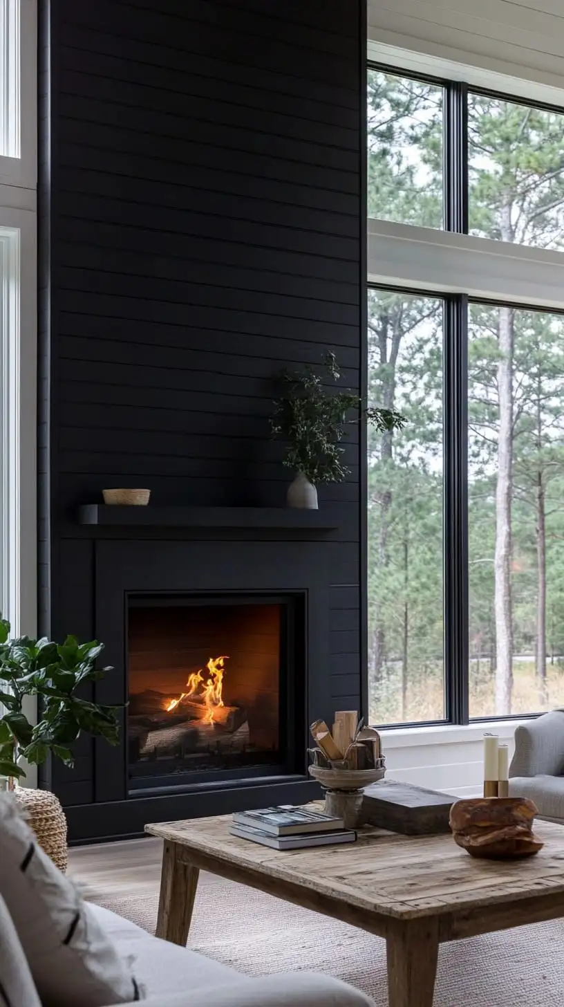 A modern farmhouse living room featuring a black shiplap fireplace with large windows showcasing views of trees and nature outside.