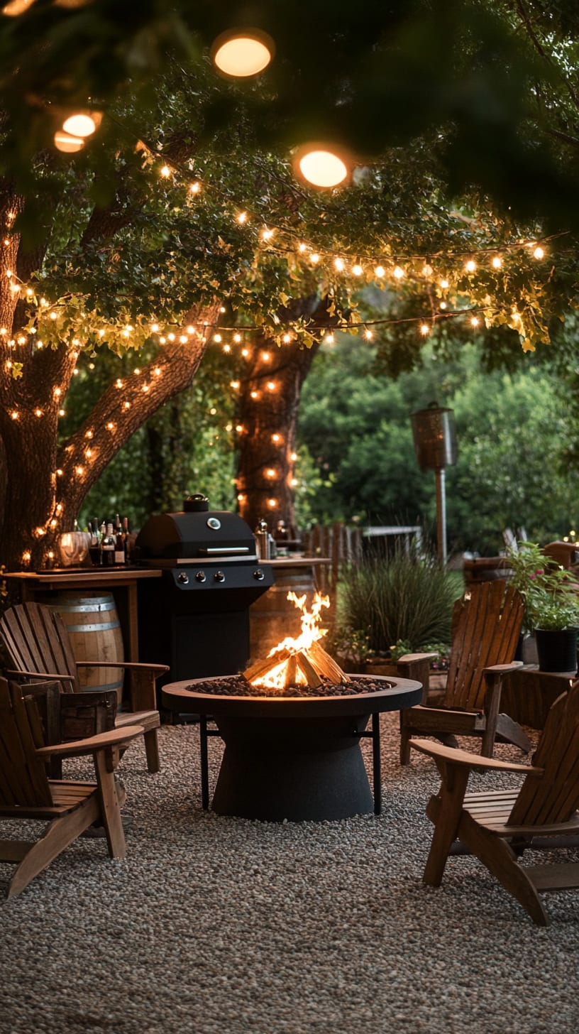 A cozy backyard setting featuring a fire pit, comfortable chairs, string lights in trees, and a grill, creating an inviting atmosphere for social gatherings.