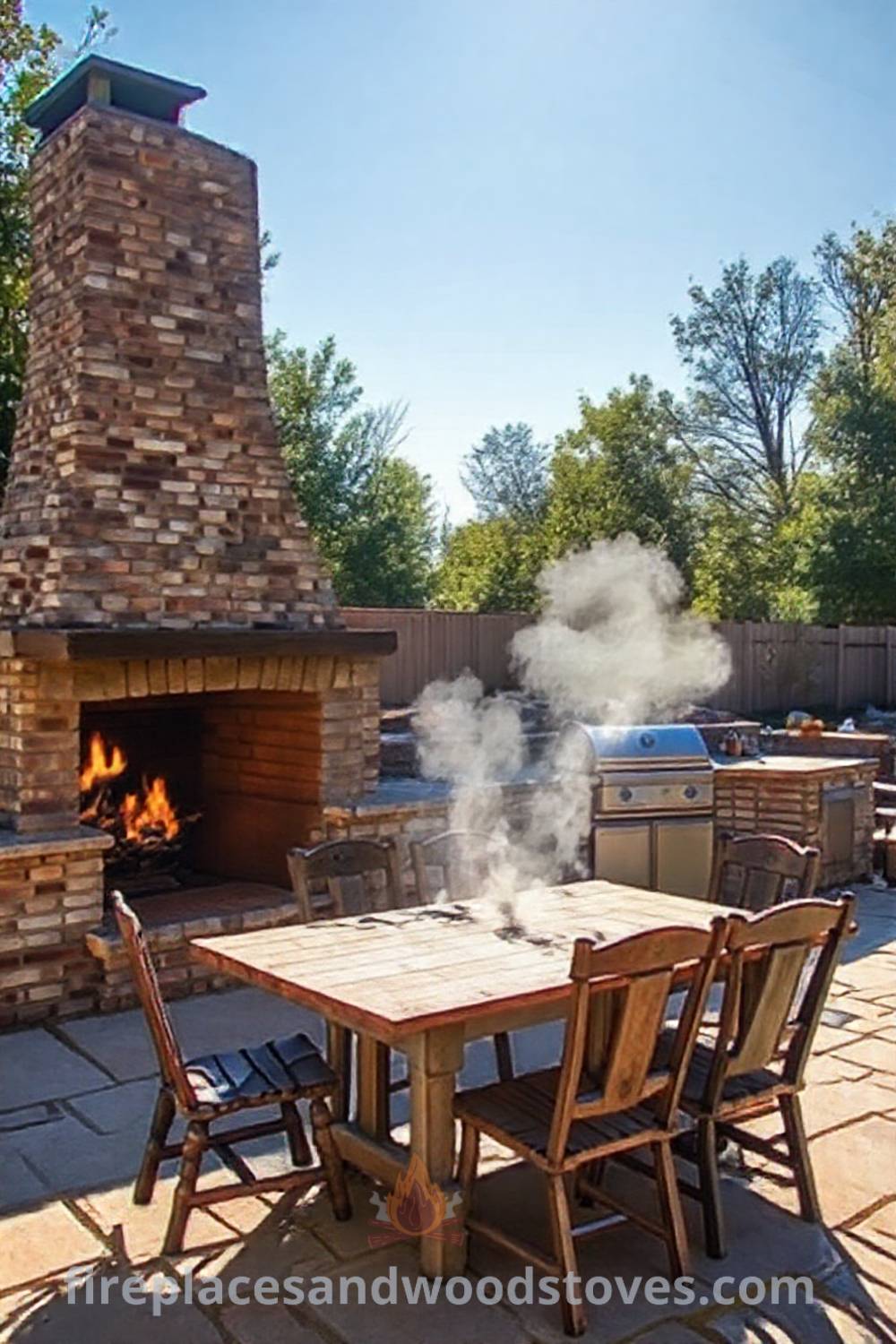 Cozy outdoor kitchen with a stone fireplace in a sunlit backyard, featuring rustic weathered bricks and timber, inviting friends to gather for meals. Visit patioandhomefurniture.com for incredible outdoor design inspiration.