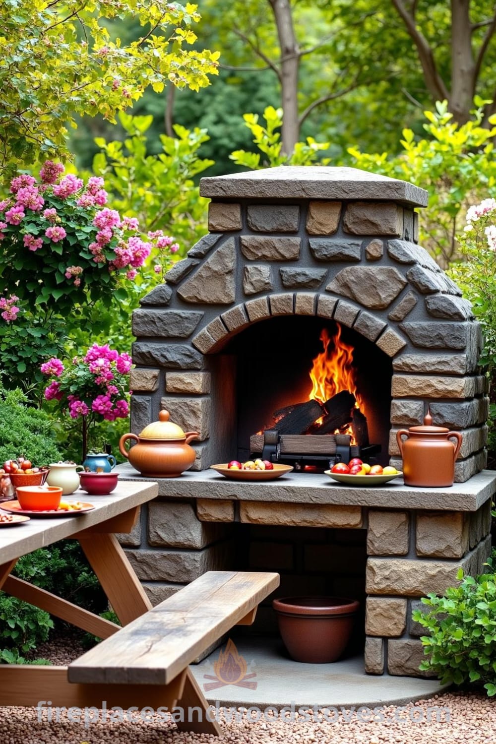 Rustic outdoor barbecue nestled among flowering shrubs and vibrant greenery, featuring rough-hewn stones, a crackling fire, and a weathered picnic table with colorful dishes, ideal for cozy gatherings. Visit fireplacesandwoodstoves.com for more inspiring ideas.