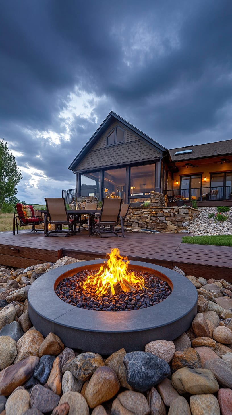 A large fire pit with flames in the center of an outdoor patio area, surrounded by rocks, overlooking a modern home and a prairie landscape under cloudy skies.