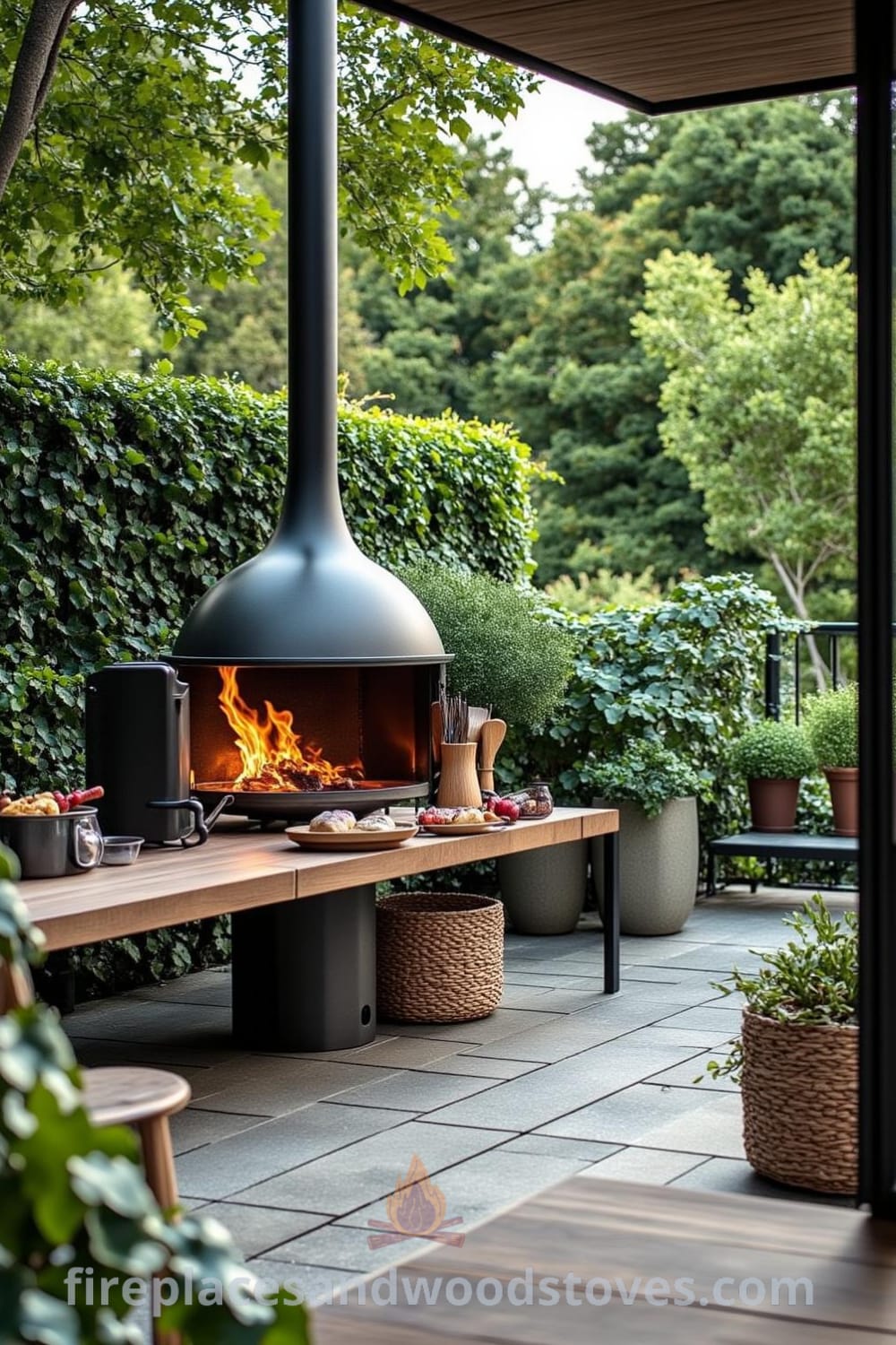 Scandinavian minimalist outdoor barbecue on a wooden deck surrounded by lush greenery, with brushed steel and natural timber design, flickering flames, and a rustic table setup, perfect for cozy gatherings, as seen on fireplacesandwoodstoves.com.