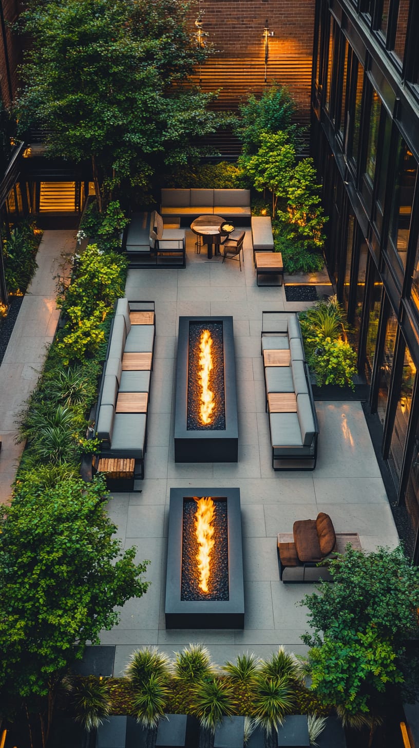A modern courtyard with a fire pit, seating areas, and plants, surrounded by sleek buildings, set in the heart of New York City.